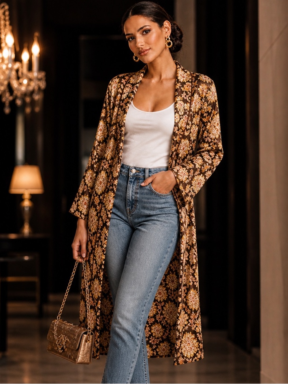 Oscar de la Renta Floral Paisley Duster Robe Brown Cream S